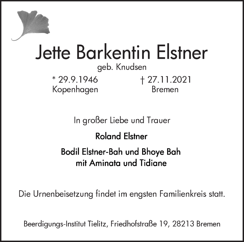 Traueranzeige von Jette Barkentin Elstner von WESER-KURIER