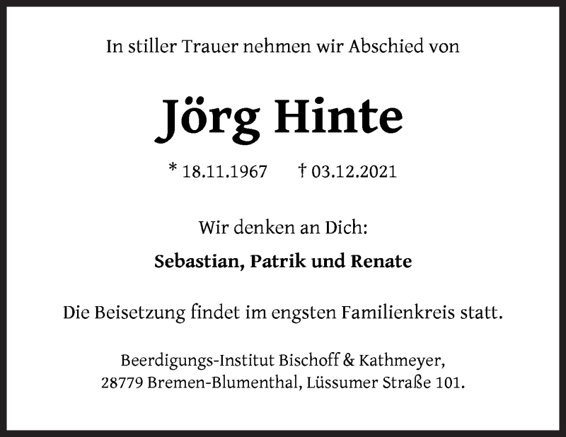 Traueranzeige von Jörg Hinte von Osterholzer Kreisblatt