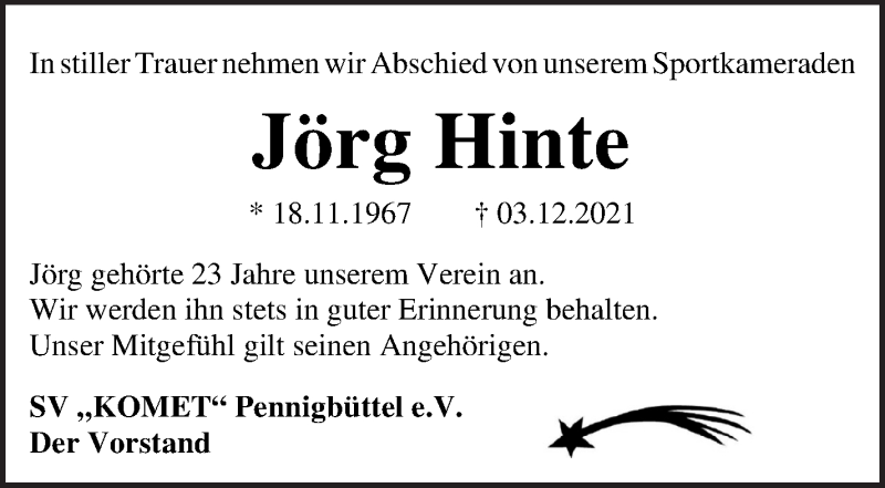 Traueranzeige von Jörg Hinte von Osterholzer Kreisblatt