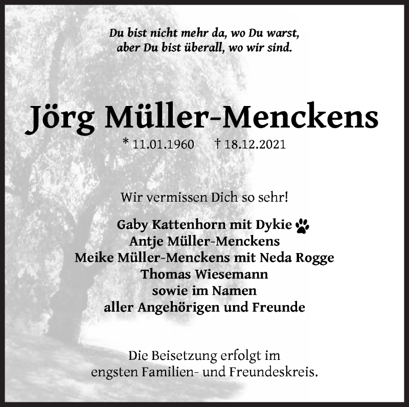 Traueranzeige von Jörg Müller-Menckens von WESER-KURIER