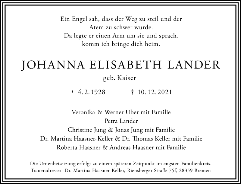 Traueranzeige von Johanna Elisabeth Lander von WESER-KURIER