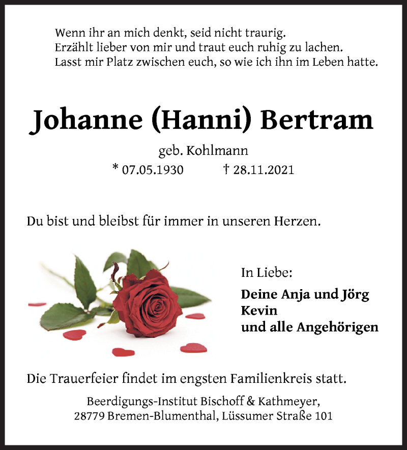 Traueranzeige von Johanne Bertram von Osterholzer Kreisblatt