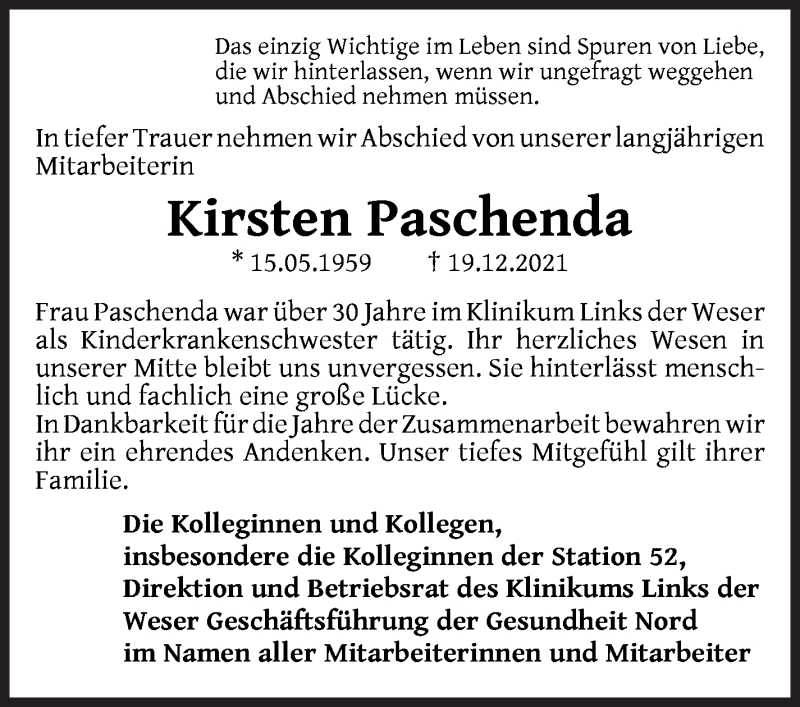 Traueranzeige von Kirsten Paschenda von WESER-KURIER
