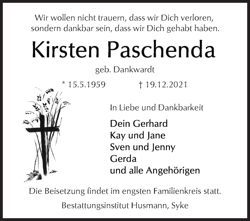 Traueranzeige von Kirsten Paschenda von WESER-KURIER