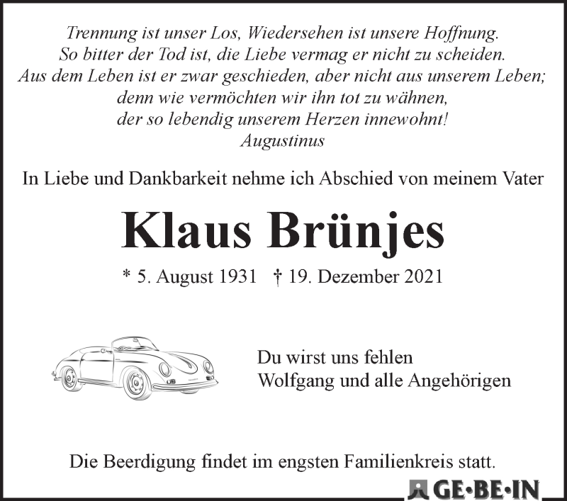 Traueranzeige von Klaus Brünjes von WESER-KURIER