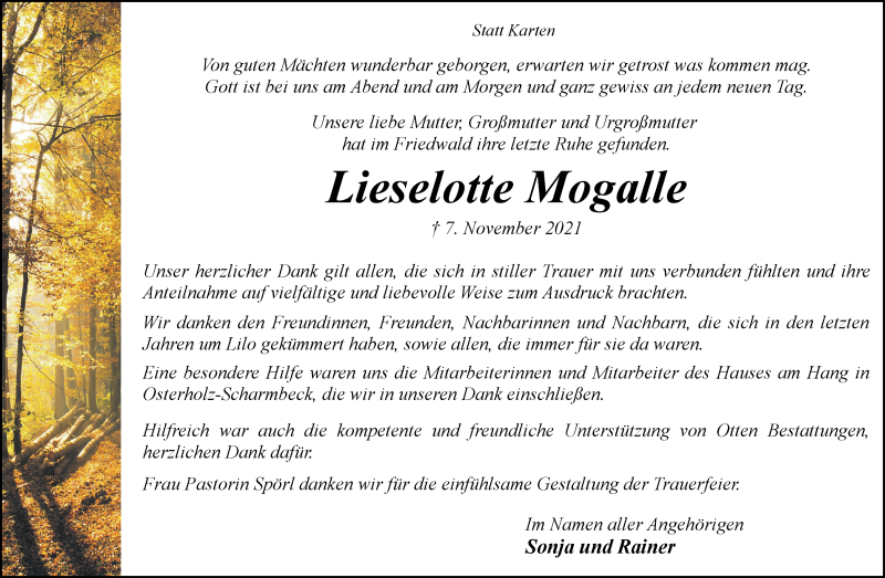 Traueranzeige von Lieselotte Mogalle von Osterholzer Kreisblatt
