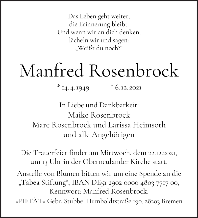 Traueranzeige von Manfred Rosenbrock von WESER-KURIER