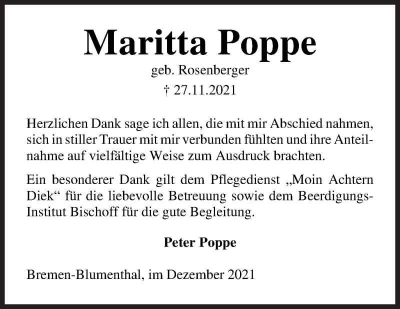 Traueranzeige von Maritta Poppe von Die Norddeutsche