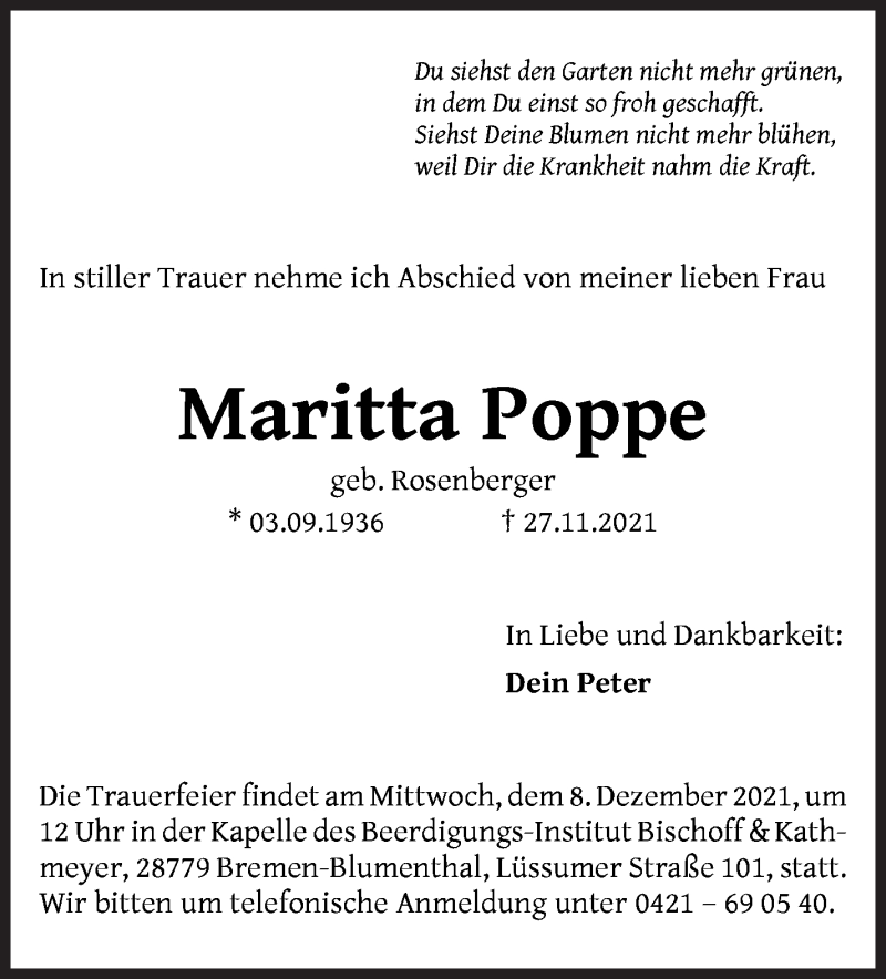 Traueranzeige von Maritta Poppe von Die Norddeutsche