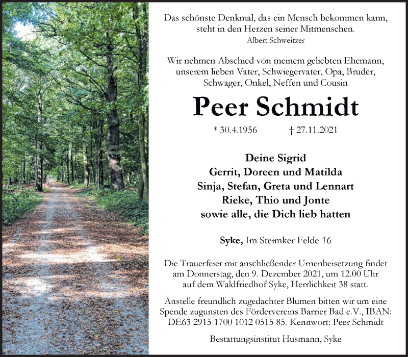 Traueranzeige von Peer Schmidt von Regionale Rundschau/Syker Kurier