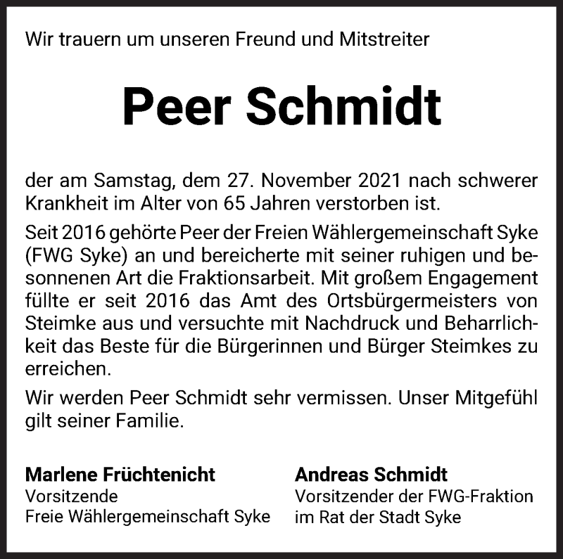 Traueranzeige von Peer Schmidt von Regionale Rundschau/Syker Kurier