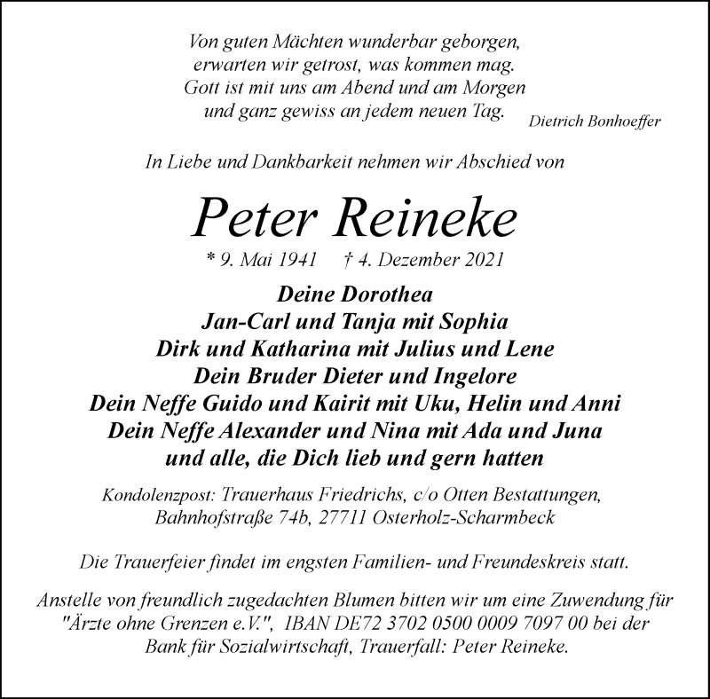 Traueranzeige von Peter Reineke von Osterholzer Kreisblatt