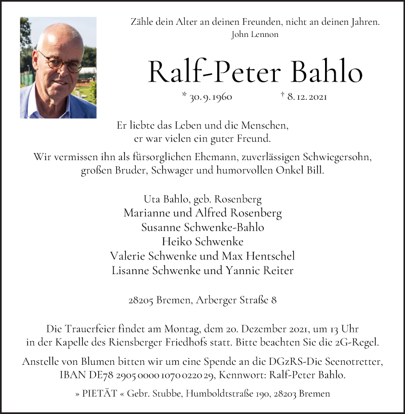 Traueranzeige von Ralf-Peter Bahlo von WESER-KURIER