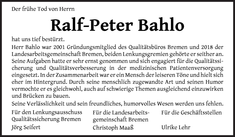Traueranzeige von Ralf-Peter Bahlo von WESER-KURIER
