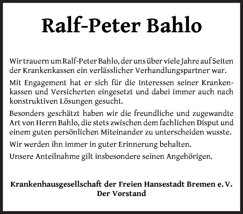 Traueranzeige von Ralf-Peter Bahlo von WESER-KURIER