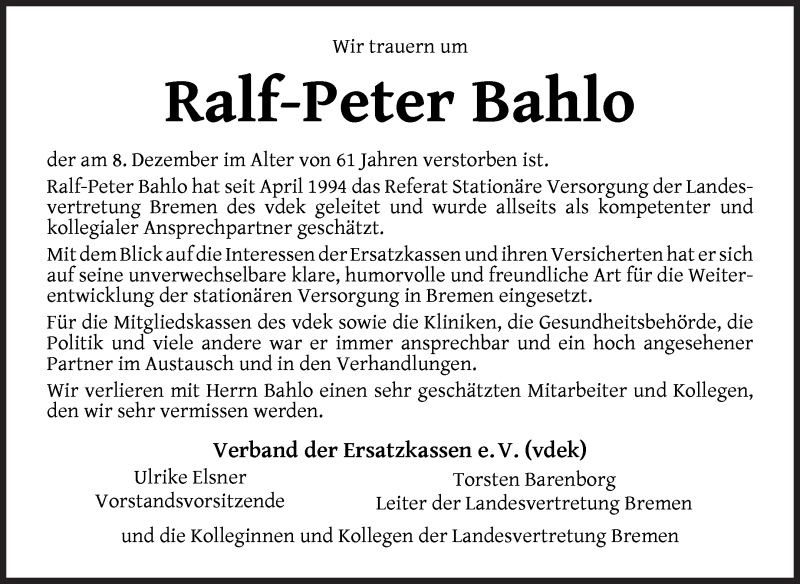 Traueranzeige von Ralf-Peter Bahlo von WESER-KURIER