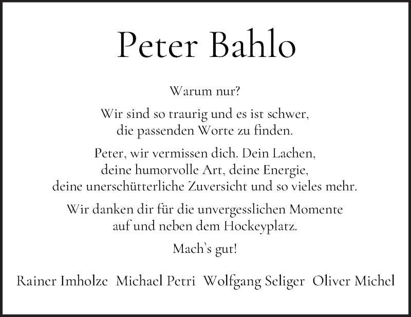 Traueranzeige von Ralf-Peter Bahlo von WESER-KURIER