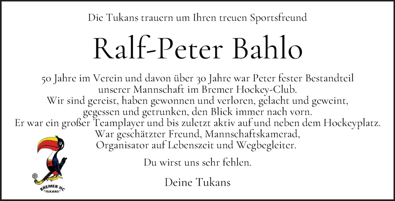 Traueranzeige von Ralf-Peter Bahlo von WESER-KURIER