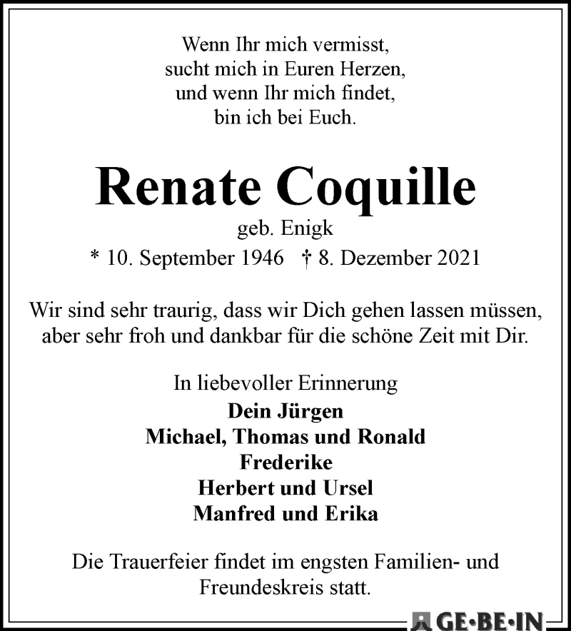 Traueranzeige von Renate Coquille von WESER-KURIER
