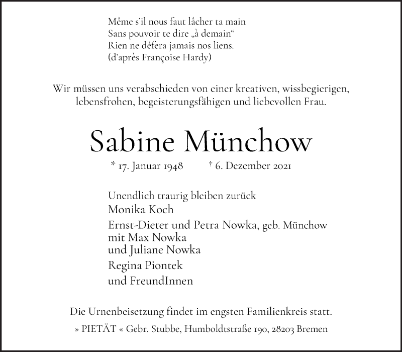 Traueranzeige von Sabine Münchow von WESER-KURIER
