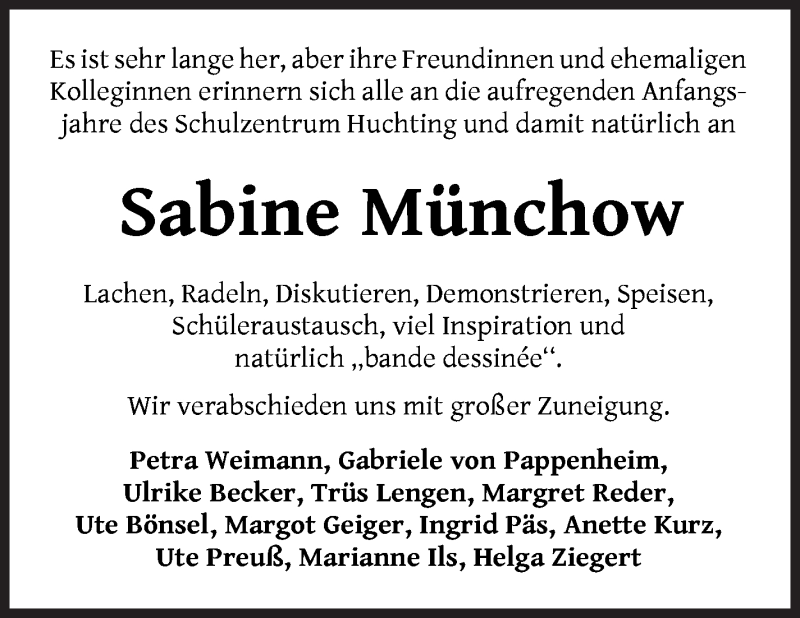 Traueranzeige von Sabine Münchow von WESER-KURIER