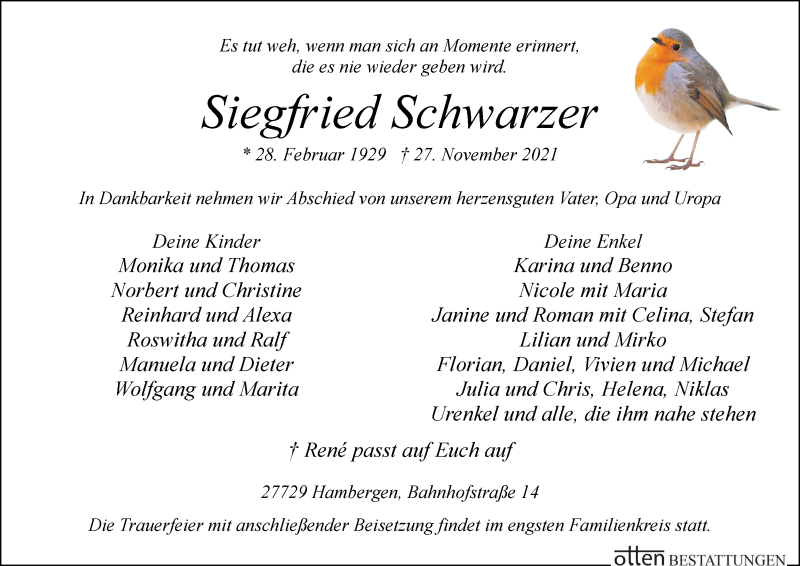 Traueranzeige von Siegfried Schwarzer von Osterholzer Kreisblatt
