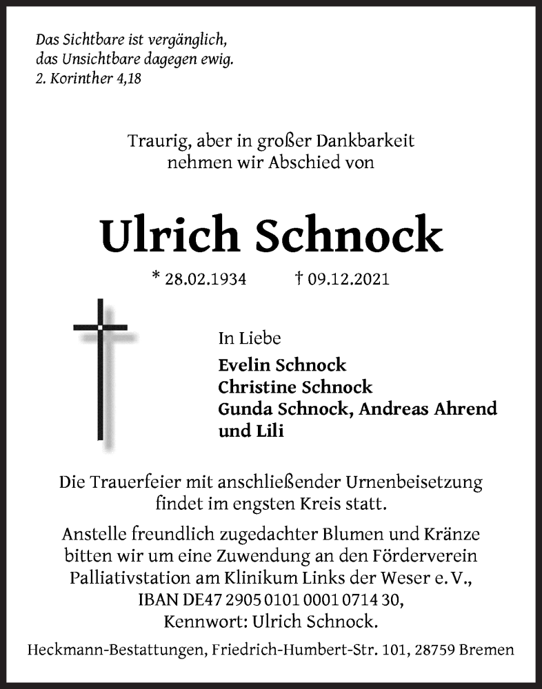 Traueranzeige von Ulrich Schnock von WESER-KURIER
