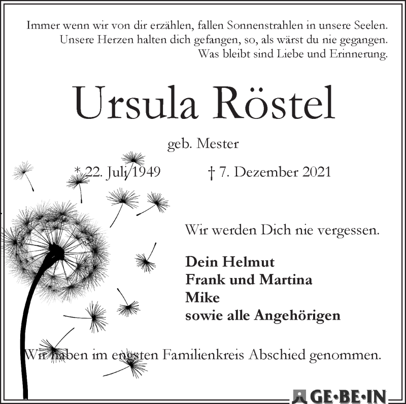 Traueranzeige von Ursula Röstel von WESER-KURIER