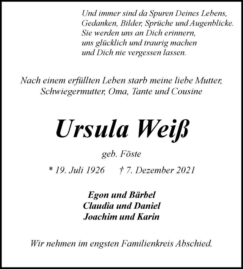 Traueranzeige von Ursula Weiß von WESER-KURIER