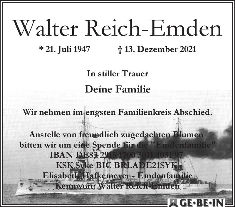 Traueranzeige von Walter Reich-Emden von WESER-KURIER