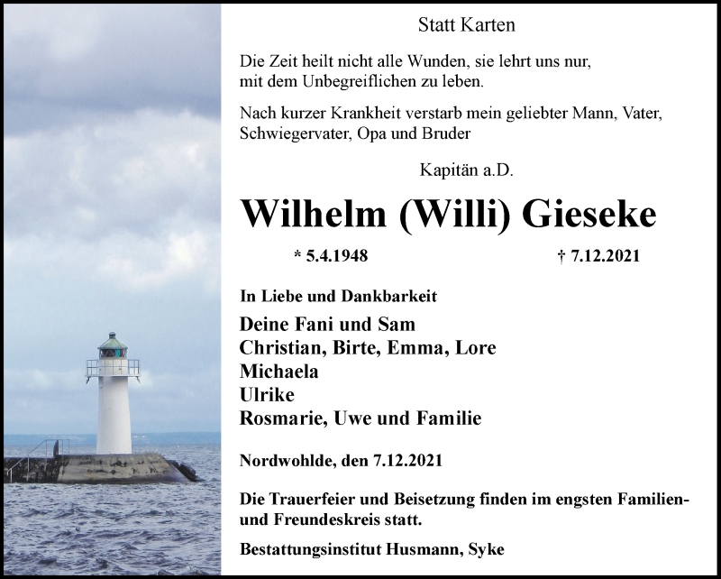 Traueranzeige von Wilhelm Gieseke von WESER-KURIER