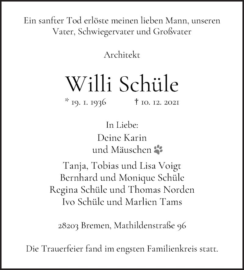 Traueranzeige von Willi Schüle von WESER-KURIER