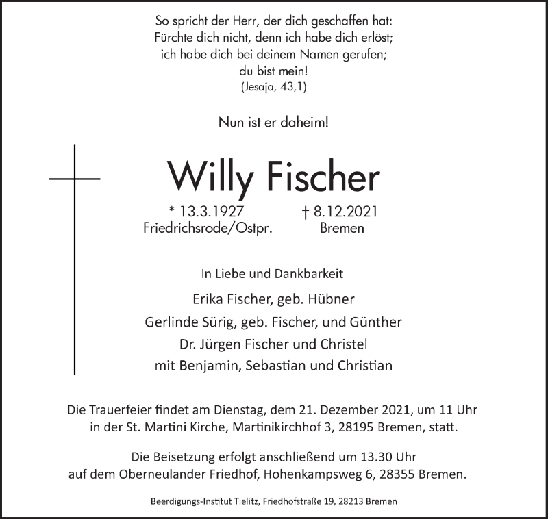 Traueranzeige von Willy Fischer von WESER-KURIER