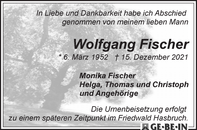 Traueranzeige von Wolfgang Fischer von WESER-KURIER
