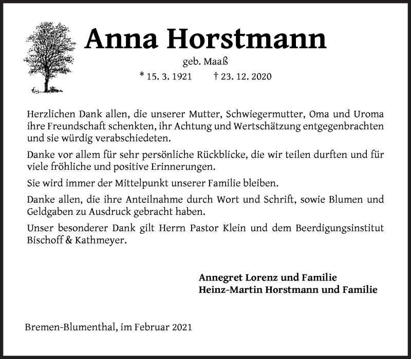 Traueranzeige von Anna Horstmann von Die Norddeutsche