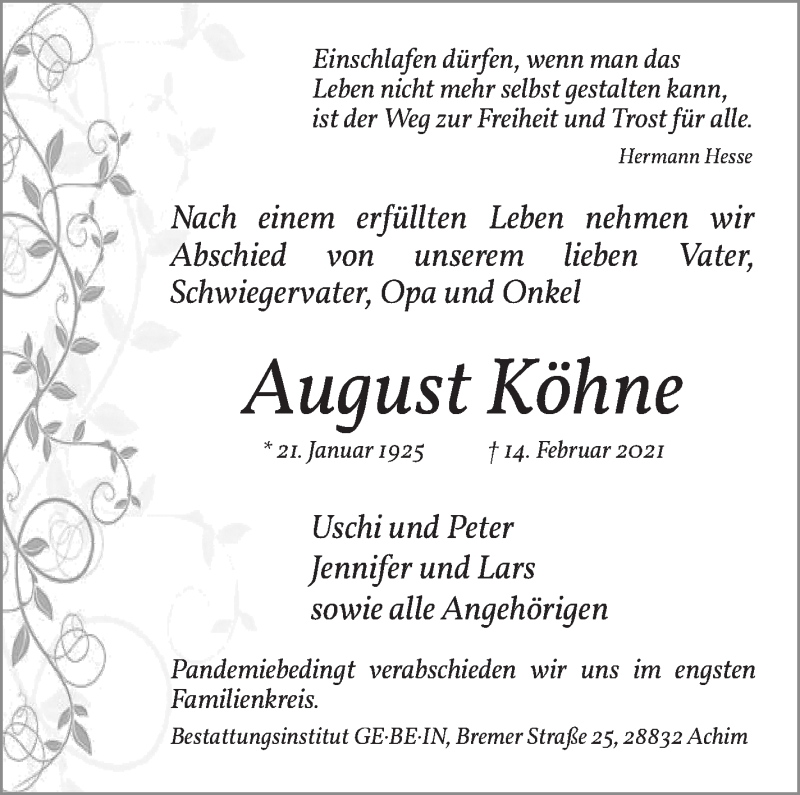 Traueranzeige von August Köhne von WESER-KURIER