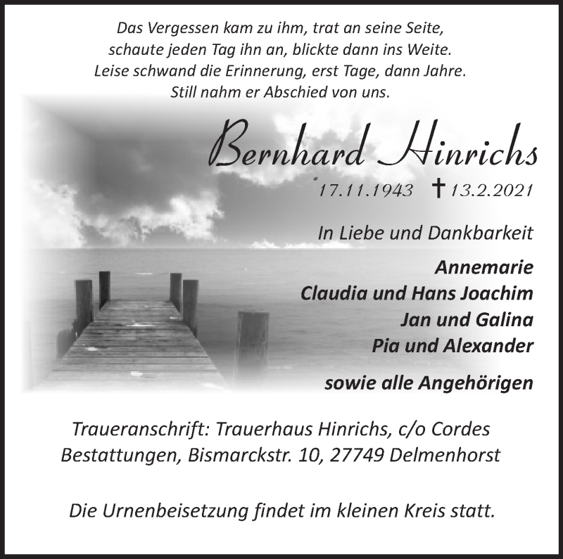 Traueranzeige von Bernhard Hinrichs von WESER-KURIER