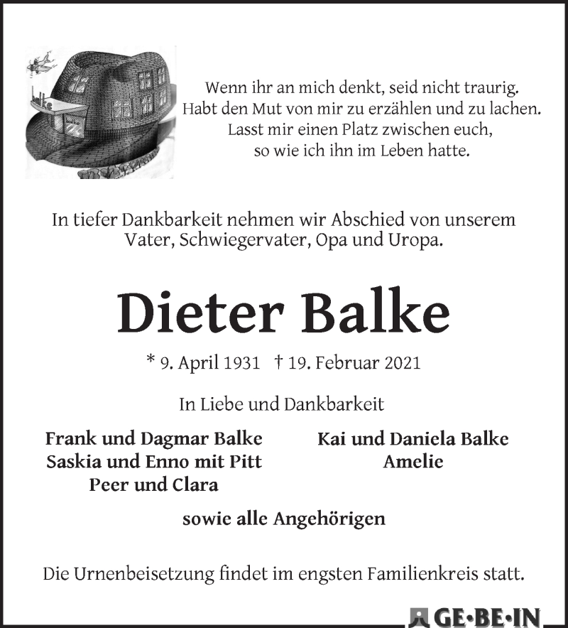 Traueranzeige von Dieter Balke von WESER-KURIER