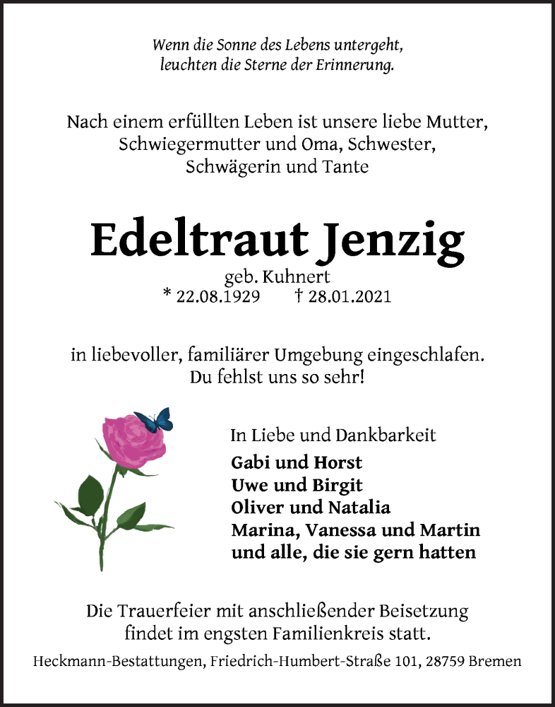 Traueranzeige von Edeltraut Jenzig von WESER-KURIER