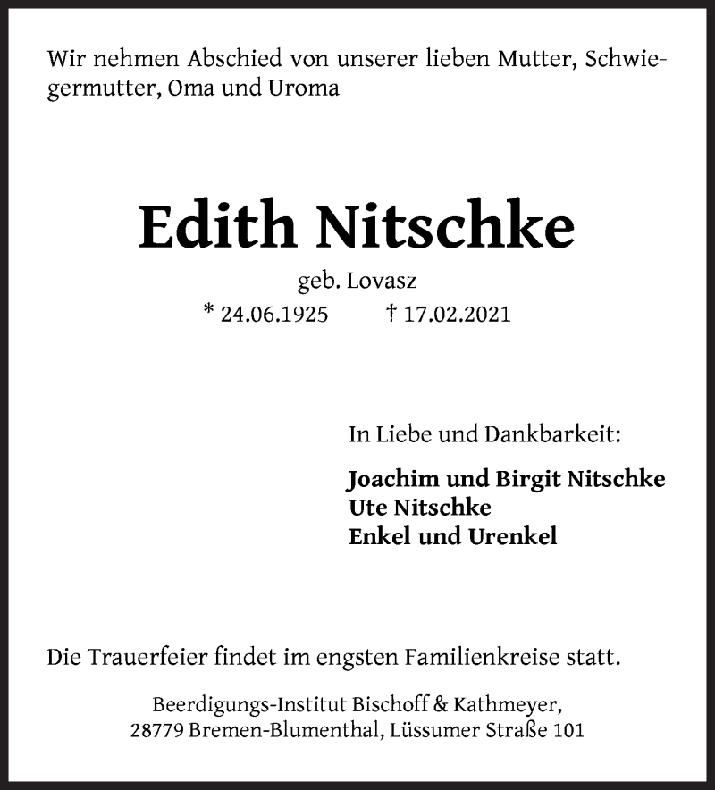 Traueranzeige von Edith Nitschke von Die Norddeutsche