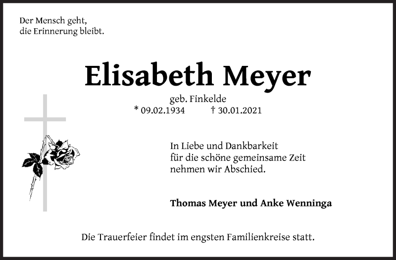 Traueranzeige von Elisabeth Meyer von Die Norddeutsche