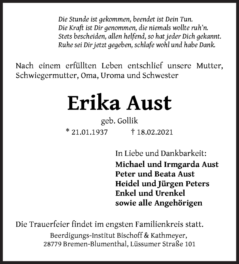 Traueranzeige von Erika Aust von Die Norddeutsche