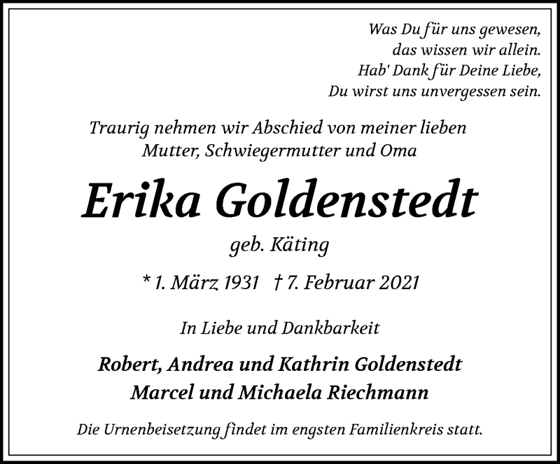 Traueranzeige von Erika Goldenstedt von WESER-KURIER