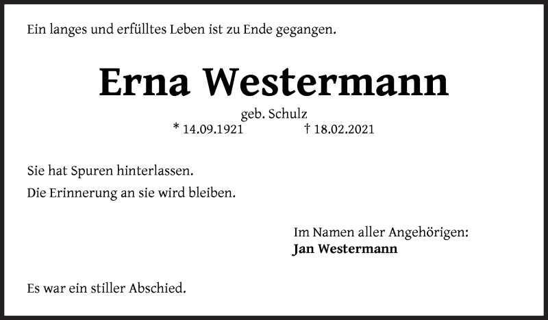 Traueranzeige von Erna Westermann von Die Norddeutsche