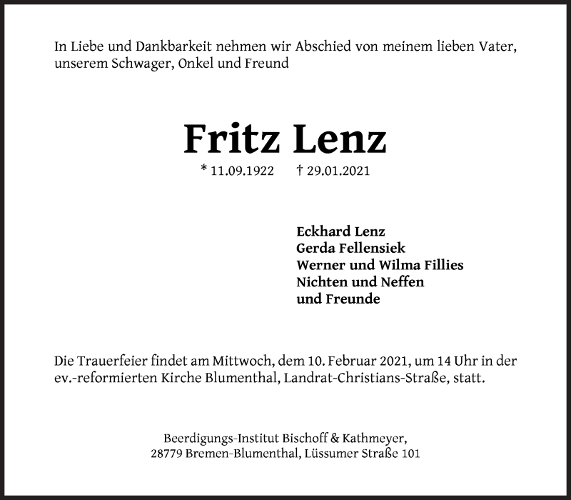 Traueranzeige von Fritz Lenz von Die Norddeutsche