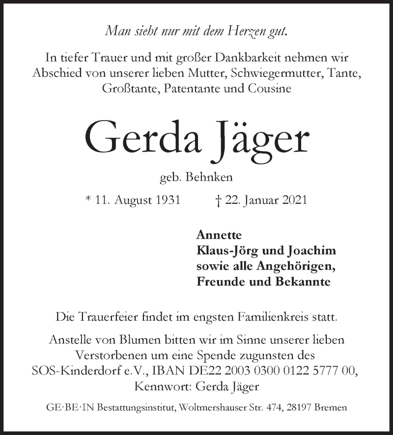 Traueranzeige von Gerda Jäger von WESER-KURIER