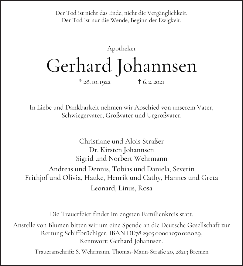 Traueranzeige von Gerhard Johannsen von WESER-KURIER