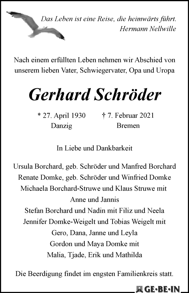 Traueranzeige von Gerhard Schröder von WESER-KURIER