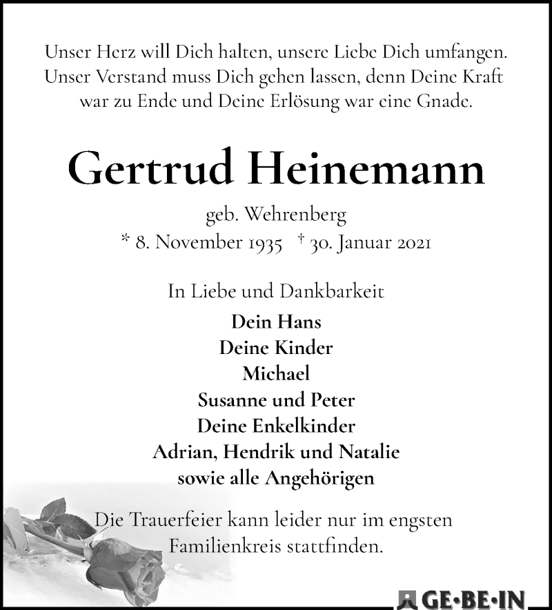 Traueranzeige von Gertrud Heinemann von WESER-KURIER