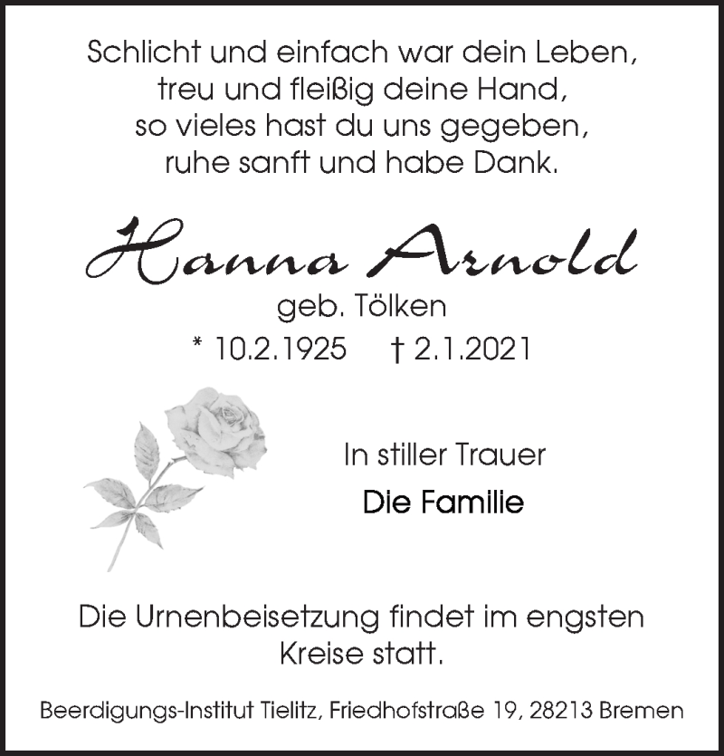 Traueranzeige von Hanna Arnold von WESER-KURIER